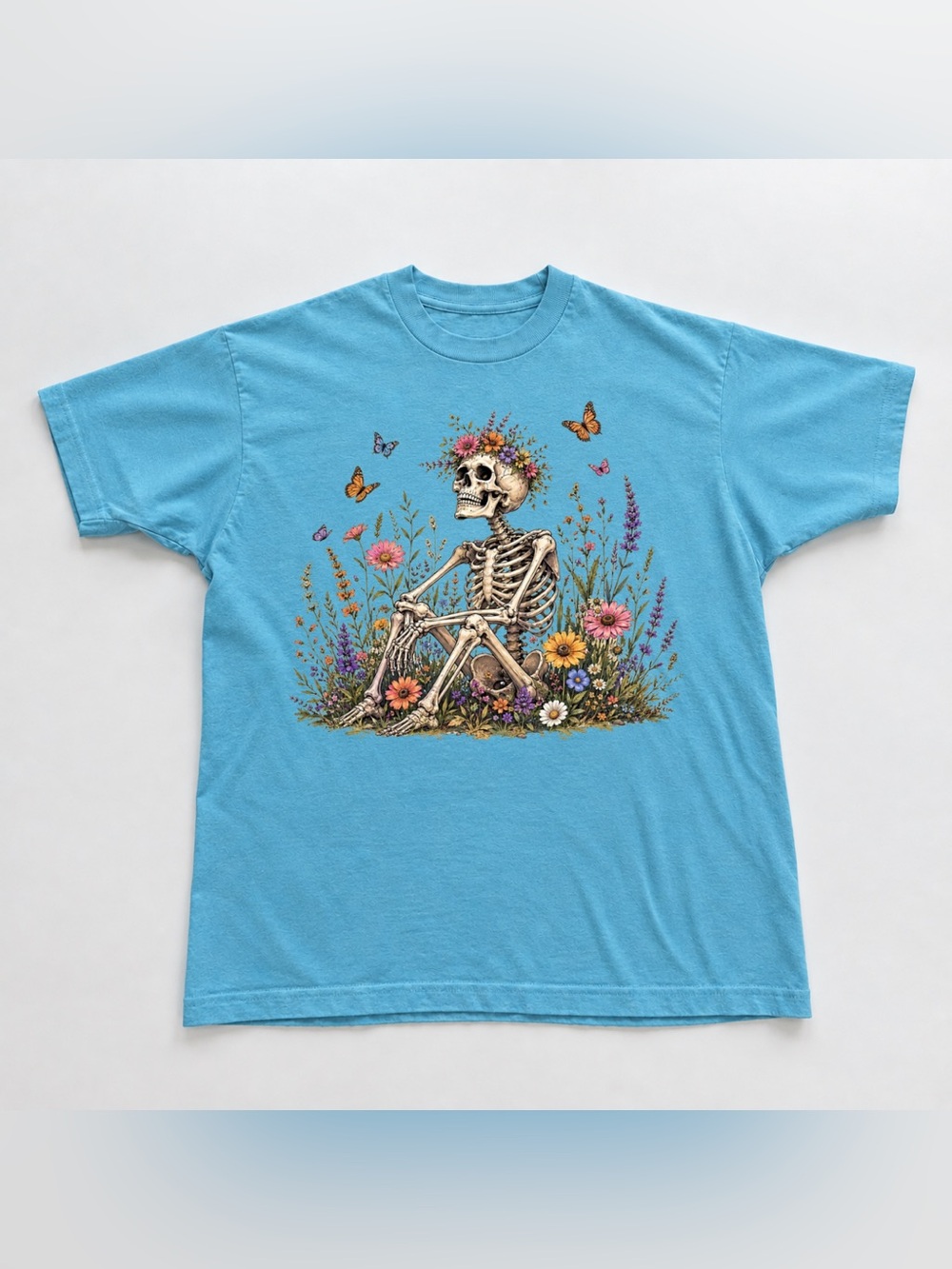 Turquoise Short-Sleeve Tee with Floral Skeleton Graphic